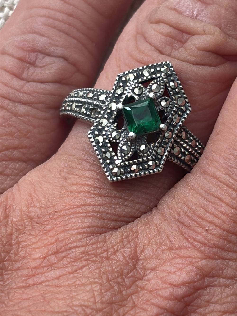 Judith Jack Silver Ring with Emerald-Green Square Gem and Marcasite Detail